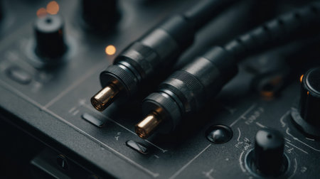 Close-up view of professional audio hardware connections featuring dark design and minimal aesthetic. Signal cables connect inputs and outputs.の素材