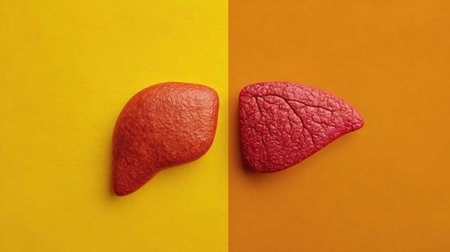 A split view shows the contrast between a fatty liver and a healthy liver, highlighting differences in appearance and texture.の素材