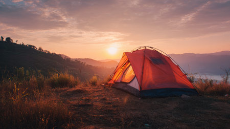 Sunset over a camping spot with a bright tent. Soft light highlights the terrain and mountains, perfect for outdoor adventure.の素材