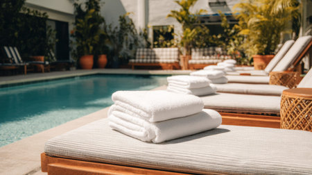 Loungers with towels positioned near a pool invite relaxation in a warm, bright setting, perfect for a day of leisure.の素材
