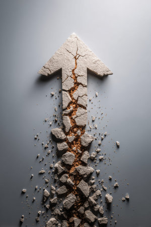 An upward arrow breaks through a surface, symbolizing a growth strategy aimed at reaching new levels of achievement and success.の素材