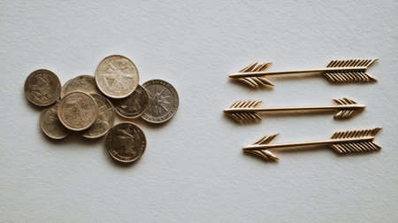 Different coins are scattered on one side while arrows point in various directions on the other, showing contrasting decisions in finance.の素材