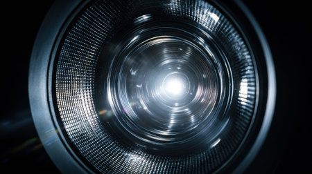 Bright glass texture of a stage light lens is visible from an extreme close-up position with a dark background providing contrast.の素材