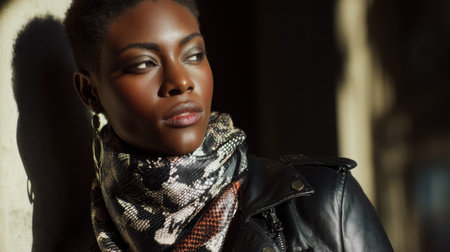 Natural light highlights a diverse model wearing a snake print scarf and leather jacket, creating a bold look with soft background focus.の素材