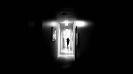 A hallway stretches into darkness with a person walking away, leaving behind a well-lit area filled with frames on the walls.の素材