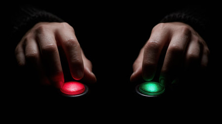 Hands are positioned above two buttons, one red and one green, reflecting a moment of choice and responsibility.の素材