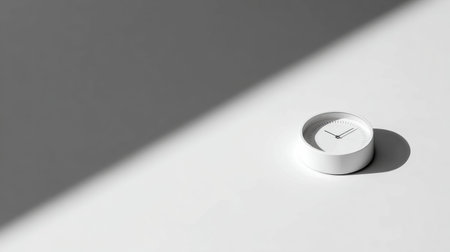 A clock is positioned on a desk, displaying time. A shadow extends from the clock, indicating the midday light presence.の素材