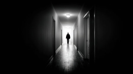 A person walks along a narrow corridor that leads into a bright light, creating a moment of transition in a shadowy environment.の素材