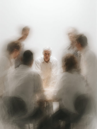 A group of people engage in discussion with one individual clearly focused in the center. The team appears lively, sharing ideas.の素材