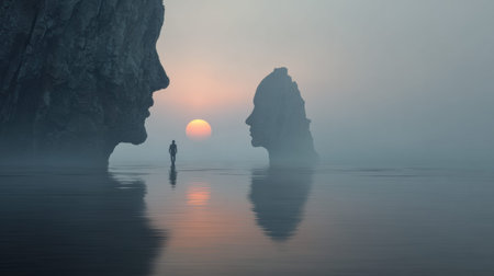 A figure walks between two rock formations resembling faces at sunset. The scene highlights different paths in a foggy and surreal setting.の素材