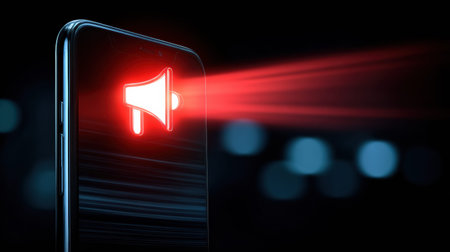 A smartphone vibrates on a dark surface, displaying a red notification symbol. The scene highlights immediate attention need in late night hours.の素材