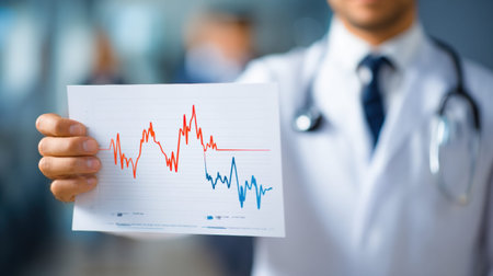 A doctor holds a chart labeled urgent while standing in a busy medical setting where activity is high and tension is evident during a critical moment.の素材