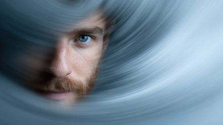 A face remains still while surrounding motion blurs create a sense of chaos. The focus draws attention to the calm expression of the person.の素材