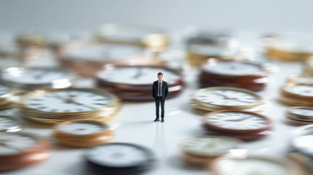 Businessman remains still in the center while clocks blur around him, illustrating the pressures of time and daily demands in a work environment.の素材