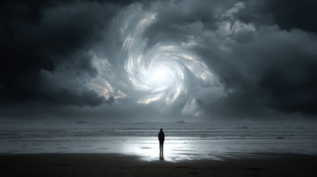 A silhouette stands on the beach as an inner storm swirls above with dark clouds and ocean waves crashing. The scene captures a moment of contrast.の素材