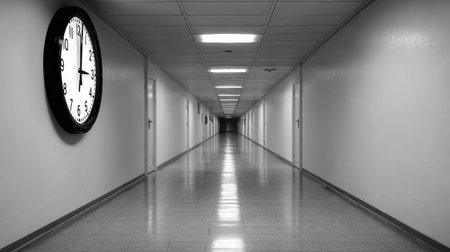 A long corridor stretches ahead with a clock casting a shadow on the wall. The space feels empty and quiet, drawing attention to the passing time.の素材