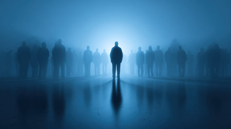 A silhouette stands alone surrounded by fading echoes of figures, creating a sense of chaos in a shadowy environment at night.の素材