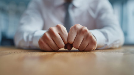 Hands are resting on a table, showing tension during a meeting. The scene captures the focus and pressure of a high-stakes business setting.の素材