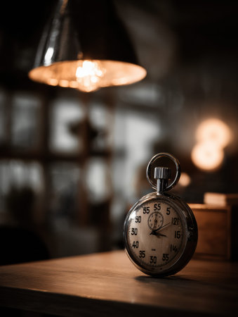 A stopwatch is positioned on a desk under a spotlight. It highlights the importance of time in a busy workspace setting during daytime hours.の素材
