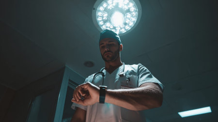 A doctor observes the time on his watch while standing in a hospital room. Bright surgical lights illuminate the scene as he prepares for work.の素材