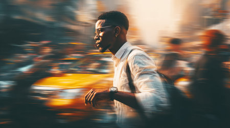 A businessman looks at his watch while rushing through a lively city street filled with commuters and yellow taxis in motion.の素材