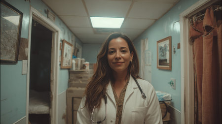 A doctor stands in a hallway surrounded by patient rooms that are busy and chaotic. The environment shows signs of activity and urgency.の素材
