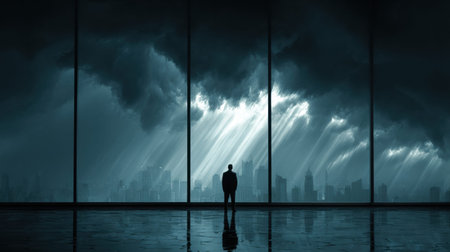 A CEO stands alone at a large window, looking out at a stormy city skyline as heavy clouds dominate the scene during a critical decision night.の素材