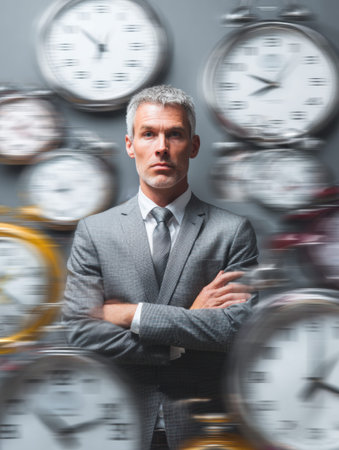 A business professional stands confidently with arms crossed, surrounded by multiple clocks, evoking a sense of urgency and time pressure.の素材