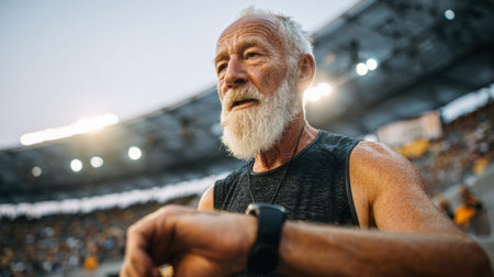 An older man in running gear looks at a wrist display that shows health stats while training at a stadium for senior athletes focusing on performance.の素材