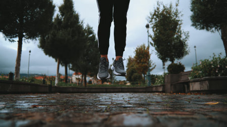 Person is caught in a moment of movement with one foot lifted above ground in a public area surrounded by trees and benchesの素材