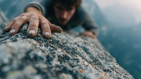 Climber reaches for a rocky edge, focused on the next move during a difficult climb on a mountain surrounded by high peaks and clear blue skyの素材