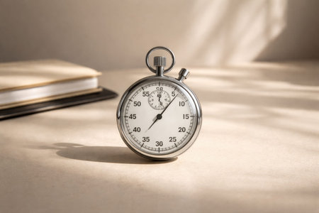 A stopwatch sits on a light surface with a notebook behind it. The scene shows timekeeping tools and soft shadows highlighting the workspace.の素材