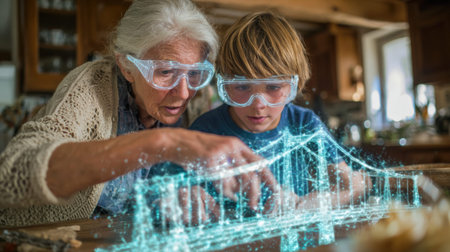 A grandmother and her grandson explore a holographic 3D interface in their kitchen, sharing knowledge and enjoying tech together for learning.の素材