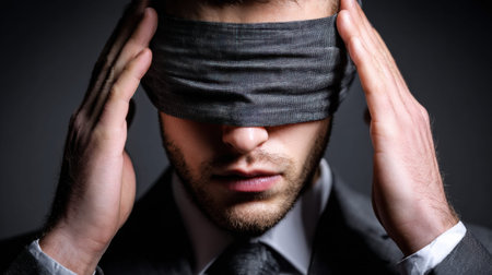 Businessman takes off his blindfold, reflecting on a turning point in his life and making an important decision in a dark roomの素材