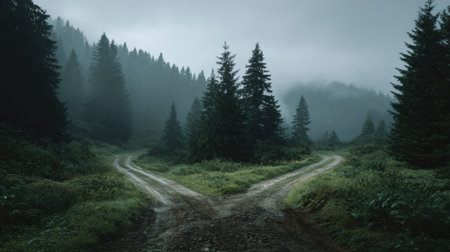 A road divides into two paths in a foggy forest. Thick trees surround the area, creating a sense of mystery and different paths to explore.の素材