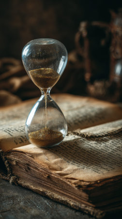 Hourglass stands on open old book pages, surrounded by a historical setting that invites reflection and shows the passage of time.の素材