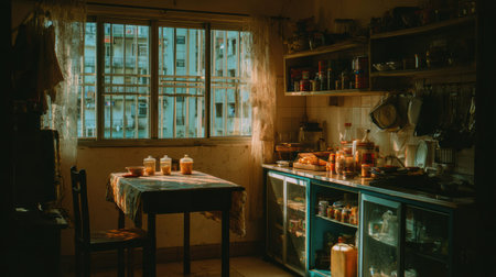 A kitchen filled with jars and containers shows the struggle of choosing among many items. Sunlight streams through a window in the late afternoon.の素材