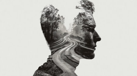 A silhouette of a head displays winding paths and trees, symbolizing the journey and choices people encounter in life.の素材