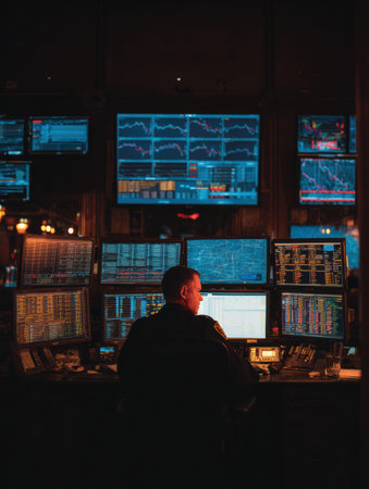 Trader sits alone at night in a dimly lit room surrounded by screens displaying stock charts and financial information under blue lighting.の素材
