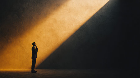 Leader stands in deep thought, contemplating a tough decision during a crisis, highlighted by strong side lighting and a simple backdrop.の素材