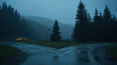 A yellow car stands still at a forked road in a foggy forest. Thick fog creates a feeling of uncertainty and choice in the atmosphere.の素材