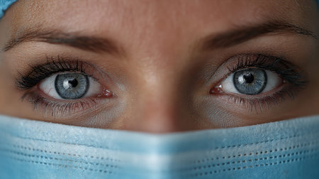 Eyes express tension and focus above a surgical mask in a medical setting, likely during a procedure or examination.の素材