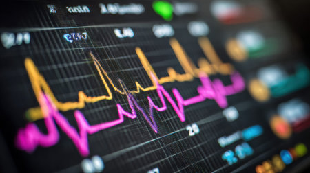 Close view of a heartbeat line on a monitor showing decision pause while tracking heart activity in a hospital environment during patient monitoringの素材