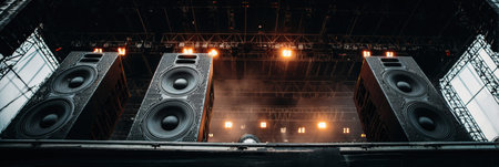 PA speakers are set up on stage in an industrial space, preparing for an events sound check as lights illuminate the area.の素材