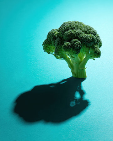 Broccoli stands alone against a teal backdrop, creating a strong shadow. This design highlights healthy eating and nutrition.の素材
