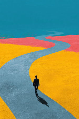 A man walks on a winding path highlighted by bold colors, making a decision based on available data in an abstract setting.の素材