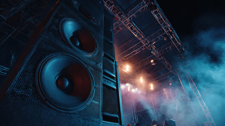 A concert sound system is operating at night, providing sound for performers on stage. The scene shows lights and smoke as the event unfolds.の素材