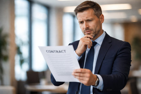 A man is reviewing a contract while standing in a modern office, showing a thoughtful expression as he examines the details on paper.の素材
