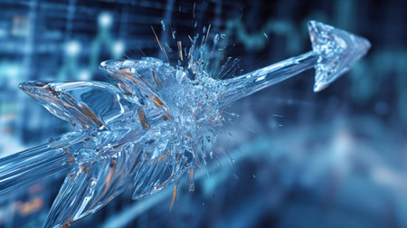 Arrows representing financial trends are frozen mid-fall, symbolizing a pause in chaotic market movements and uncertainty.の素材