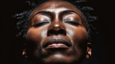 Close-up view of a face with eyes closed, capturing a moment of contemplation before a decision in a dark setting.の素材